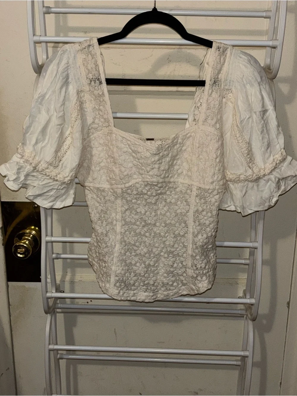 Free PeopleIvory Lace Square-Neck Puff Sleeve Top Milkmaid Cottagecore Romantic